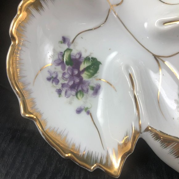 NAPCO Candy Nut Nappy Dish Violets Porcelain Trimmed in Gold Gilded MCM - Picture 2 of 7